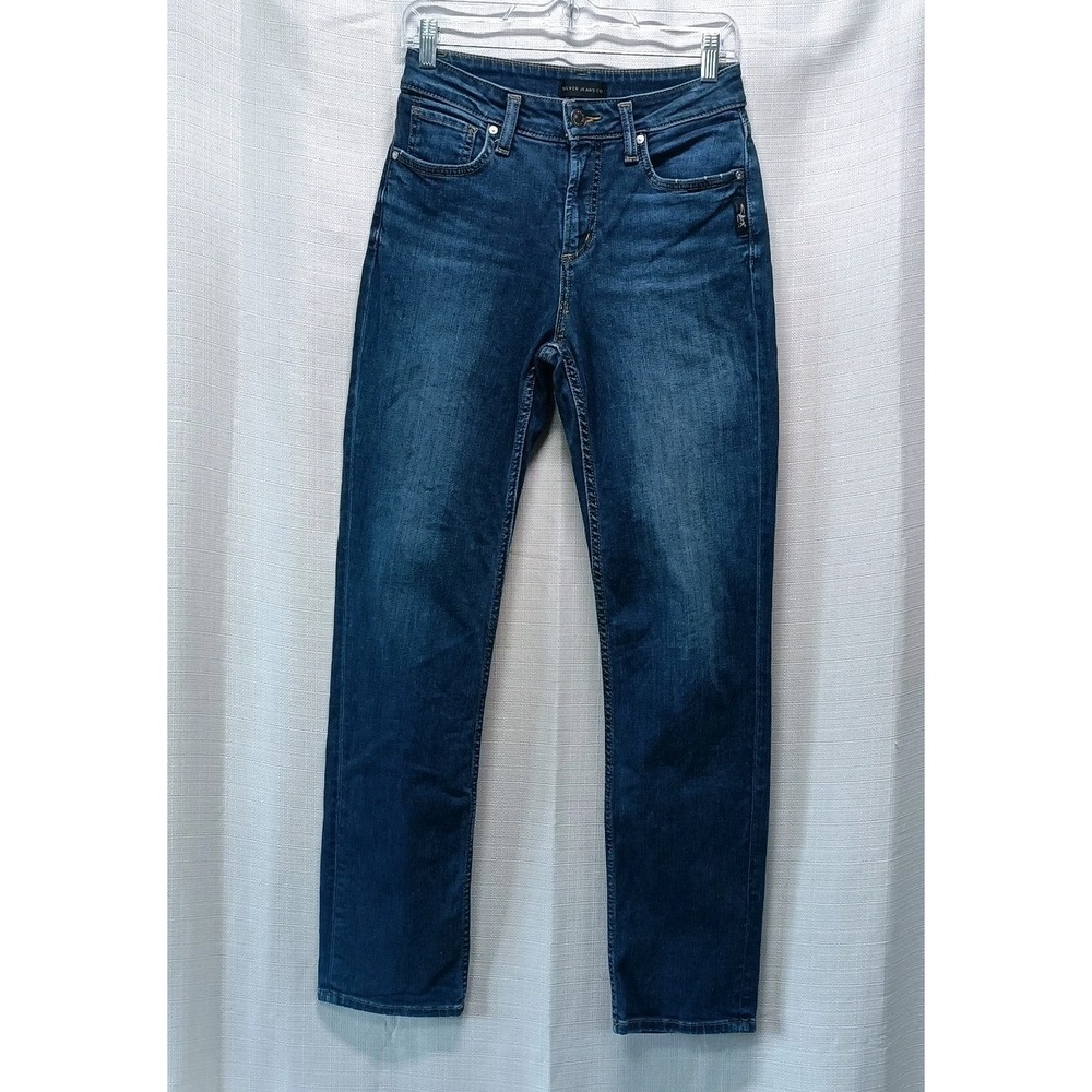 Silver Jeans Avery Straight Women 28x31 Dark Wash Stretch Logo Embroidered